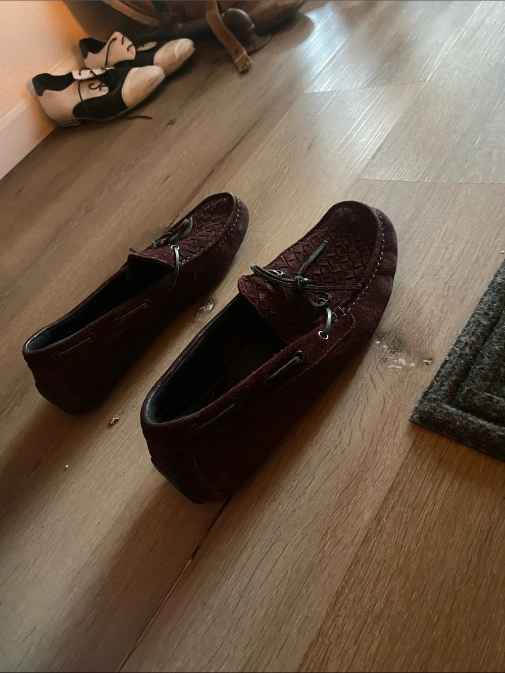 Bottega Veneta Burgundy Woven Suede Slip-On Loafers